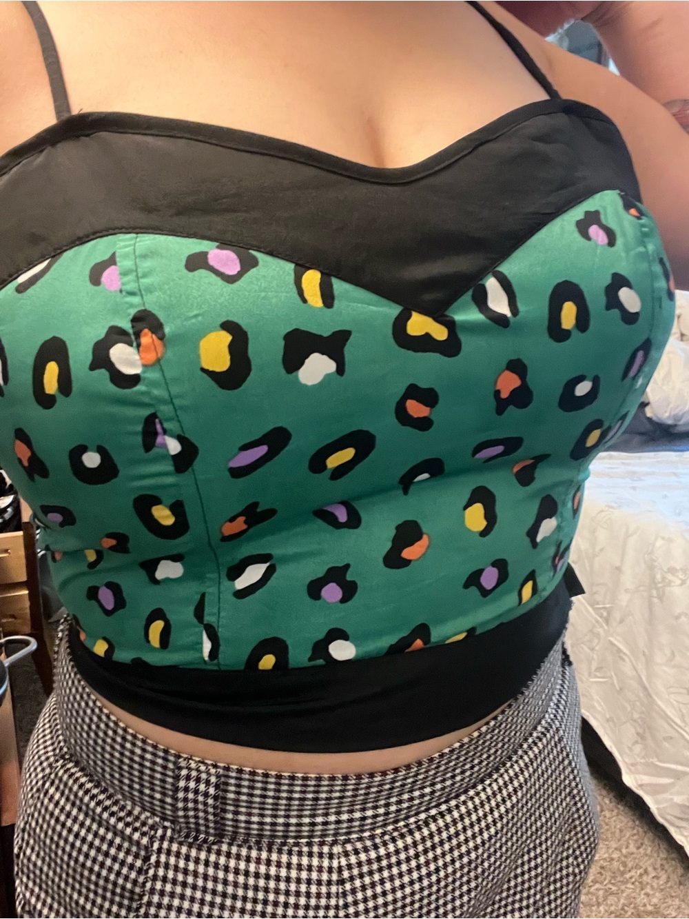 Love Culture Green Leopard Print Bustier Crop Top with Black Trim
